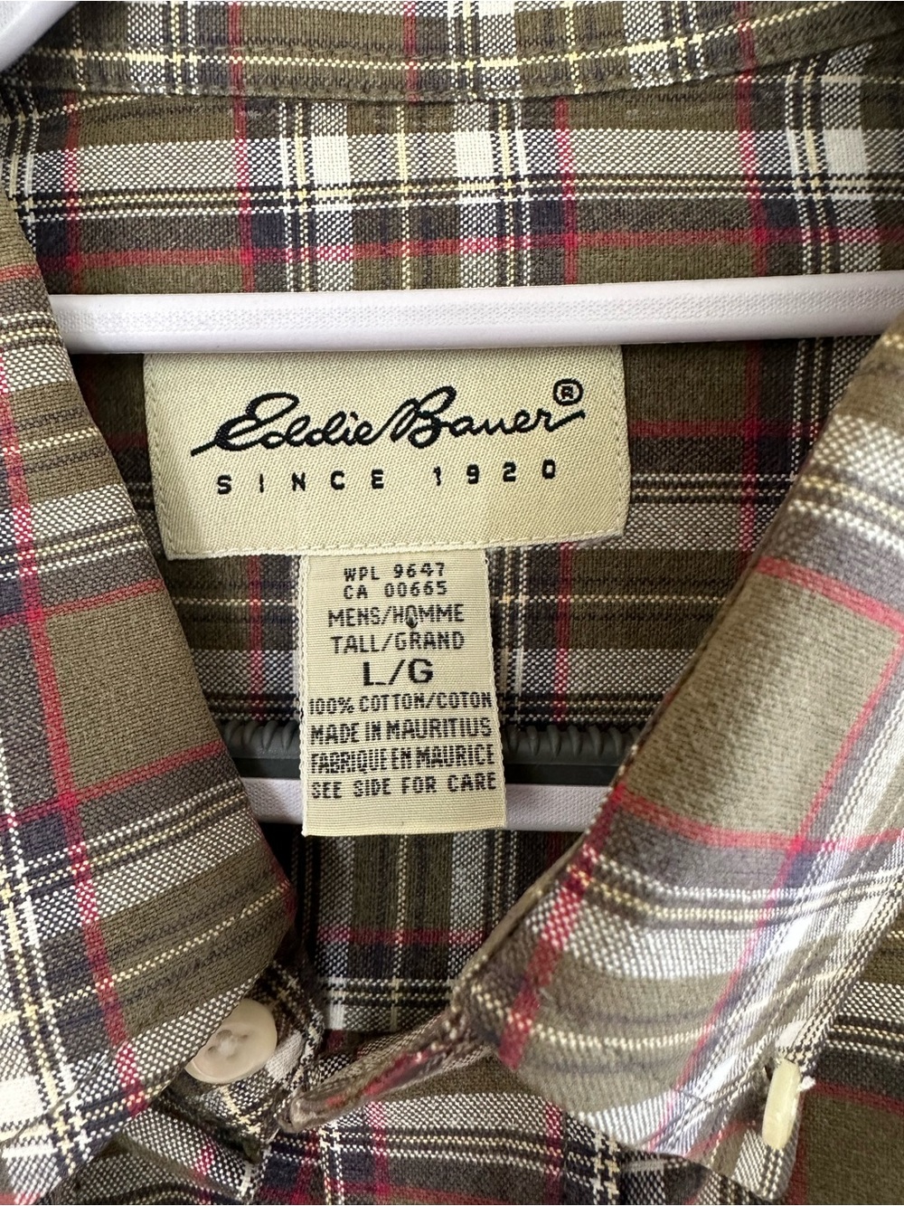 Vintage Eddie Bauer Large Tall Button Front Shirt Plaid Olive Green Cotton 90s - Picture 3 of 6